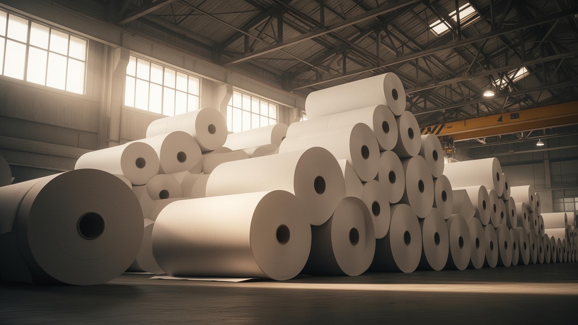 Industrial warehouse with stacks of paper reels and packaging boards